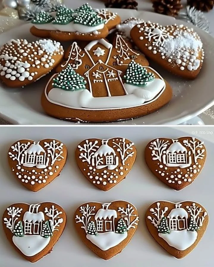Traditional gingerbread cookies decorated with a winter village theme.