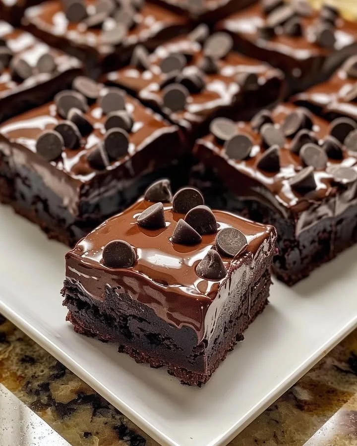Decadent triple chocolate fudge brownies topped with chocolate ganache and nuts.