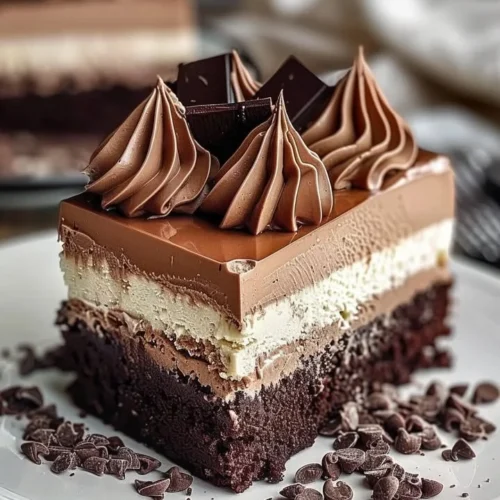 Triple Chocolate Mousse Torte with layers of decadent chocolate mousse and rich ganache