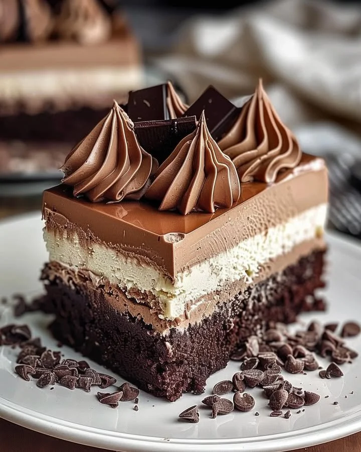 Triple Chocolate Mousse Torte with layers of decadent chocolate mousse and rich ganache