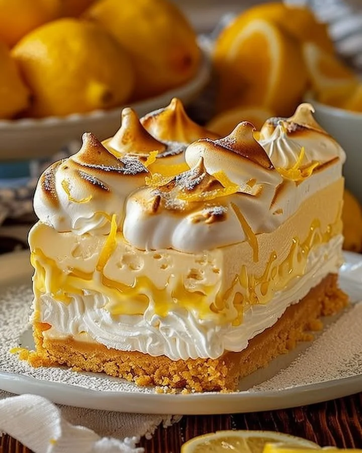Slice of triple lemon meringue cheesecake topped with fluffy meringue