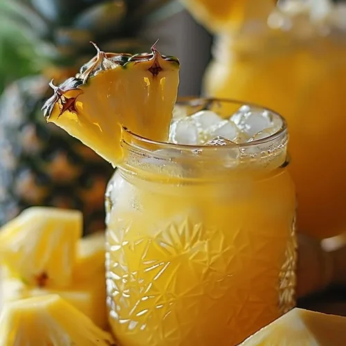 Tropical Bliss Pineapple Lemonade in a glass with a slice of pineapple