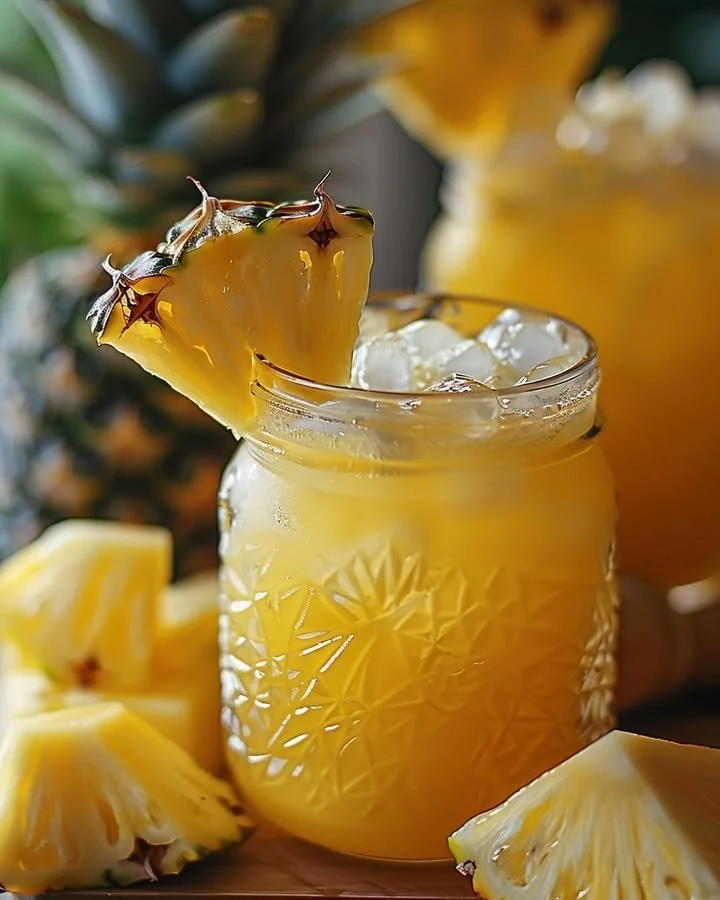 Tropical Bliss Pineapple Lemonade in a glass with a slice of pineapple