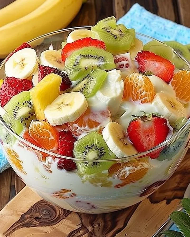 Tropical Cheesecake Fruit Salad with colorful fruits and creamy cheesecake topping