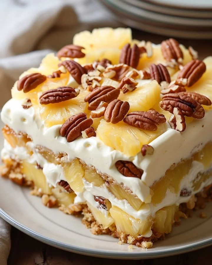 Tropical Pineapple Dream Cake topped with pineapple slices and coconut flakes