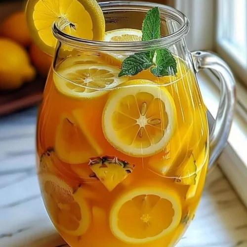 Refreshing Tropical Pineapple Lemonade Punch in a glass with ice and garnishes