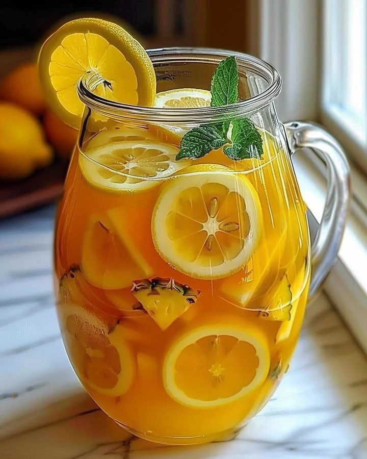 Refreshing Tropical Pineapple Lemonade Punch in a glass with ice and garnishes