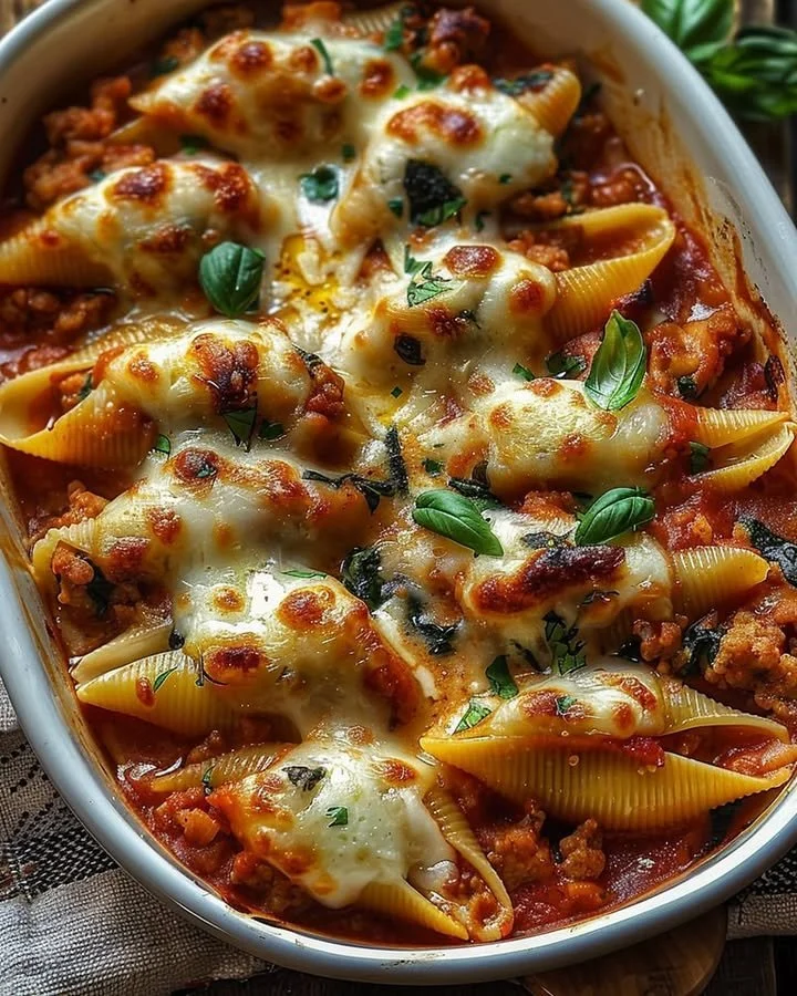 Delicious Turkey and Spinach Stuffed Shells on a plate ready to serve.