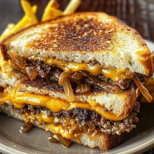 Delicious ultimate patty melt with melted cheese and grilled onions