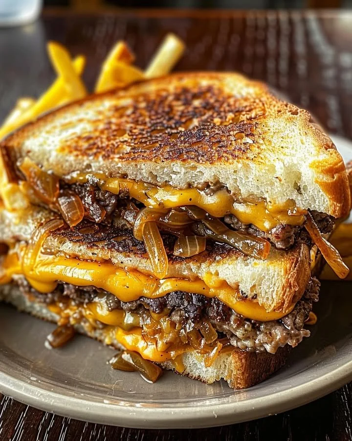 Delicious ultimate patty melt with melted cheese and grilled onions