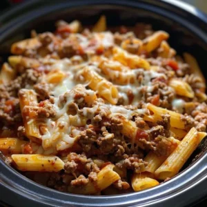 Bowl of ultimate slow cooked beef with mostaccioli, garnished with herbs
