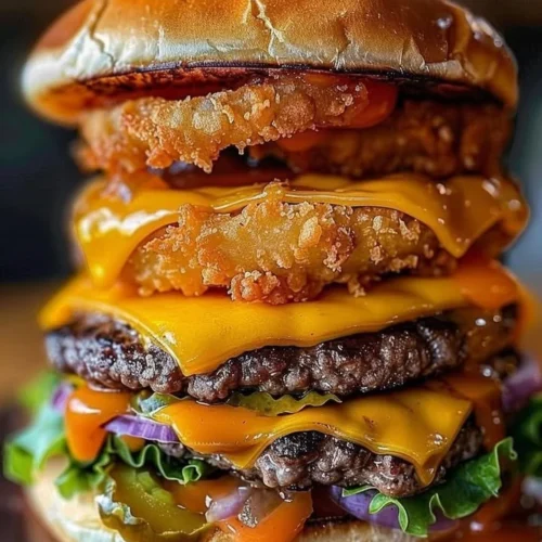 Ultimate Triple Cheeseburger with crispy onion rings served on a plate