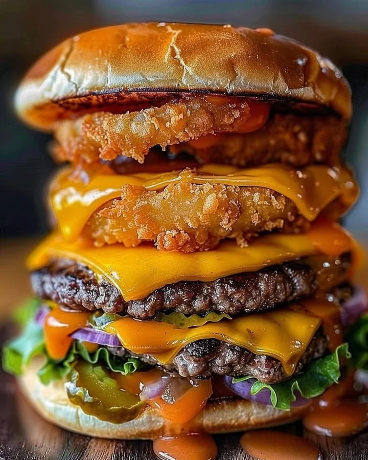 Ultimate Triple Cheeseburger with crispy onion rings served on a plate