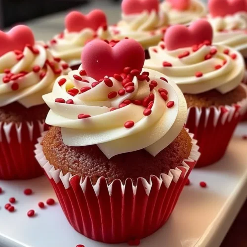 Valentine's Day themed cupcakes decorated with hearts and pink frosting