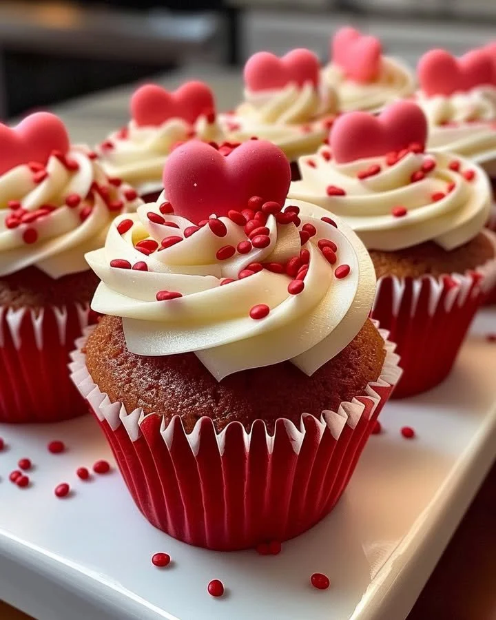 Valentine's Day themed cupcakes decorated with hearts and pink frosting