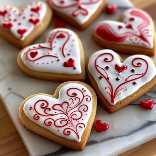Heart-shaped Valentine’s Day royal icing cookies decorated with vibrant colors.