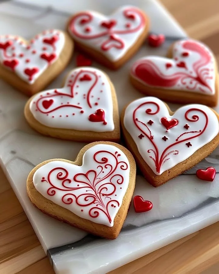 Heart-shaped Valentine’s Day royal icing cookies decorated with vibrant colors.