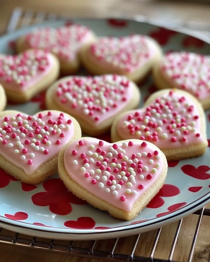 Valentine's Day sugar cookies decorated with hearts and icing.