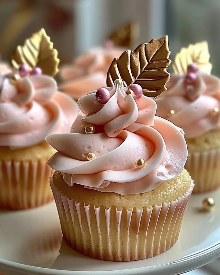 Vanilla cupcakes topped with blush pink buttercream frosting