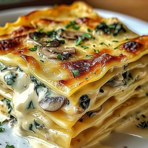 Vegetarian creamy spinach and mushroom lasagna with ricotta and mozzarella cheese