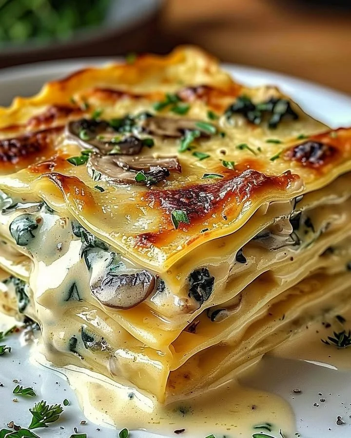 Vegetarian creamy spinach and mushroom lasagna with ricotta and mozzarella cheese