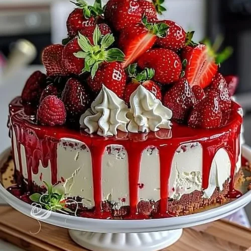 Velvet Strawberry Cheesecake topped with fresh strawberries and whipped cream