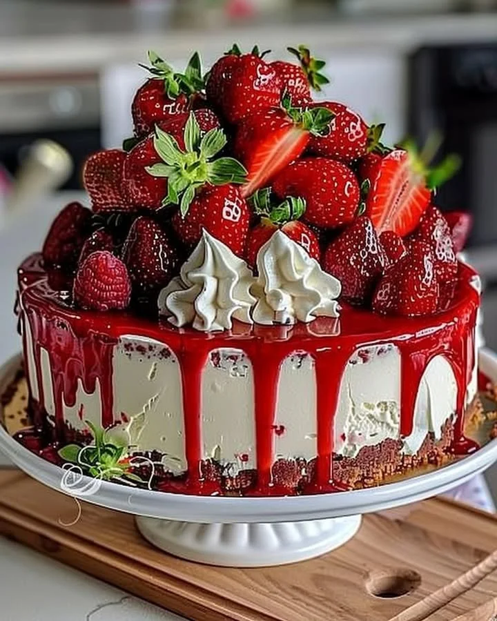 Velvet Strawberry Cheesecake topped with fresh strawberries and whipped cream