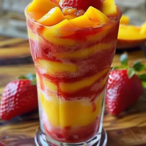 Vibrant mango strawberry slushies in a clear glass with ice.