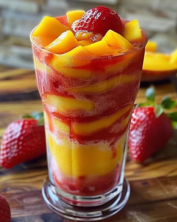 Vibrant mango strawberry slushies in a clear glass with ice.