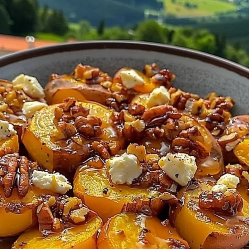 Walnut maple goat cheese roasted sweet potatoes dish garnished with herbs