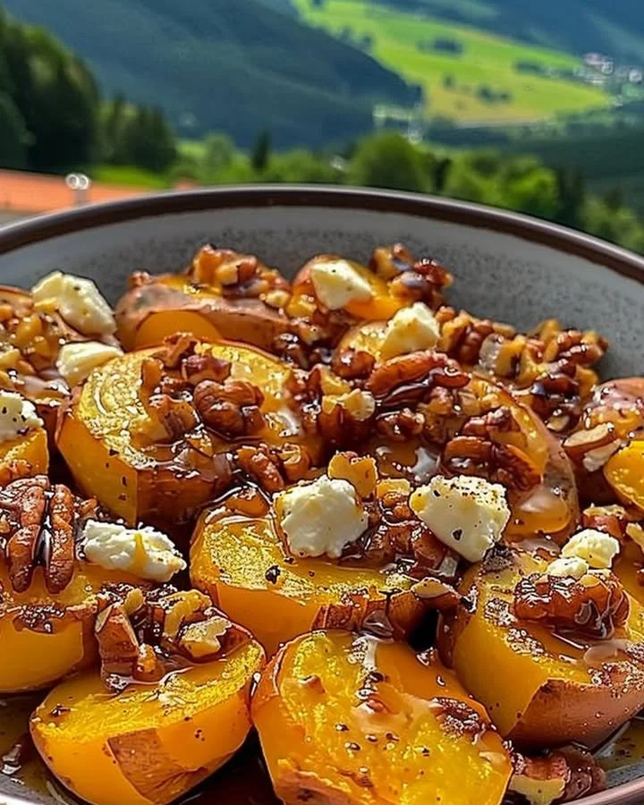 Walnut maple goat cheese roasted sweet potatoes dish garnished with herbs