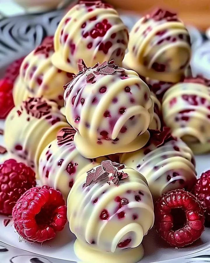 White chocolate raspberry cheesecake balls on a plate