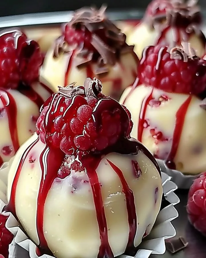Delicious white chocolate raspberry cheesecake balls ready to serve for dessert.