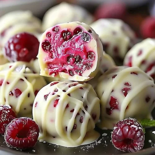 Delicious white chocolate raspberry cheesecake balls served on a platter