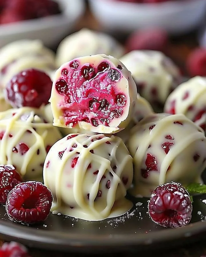 Delicious white chocolate raspberry cheesecake balls served on a platter