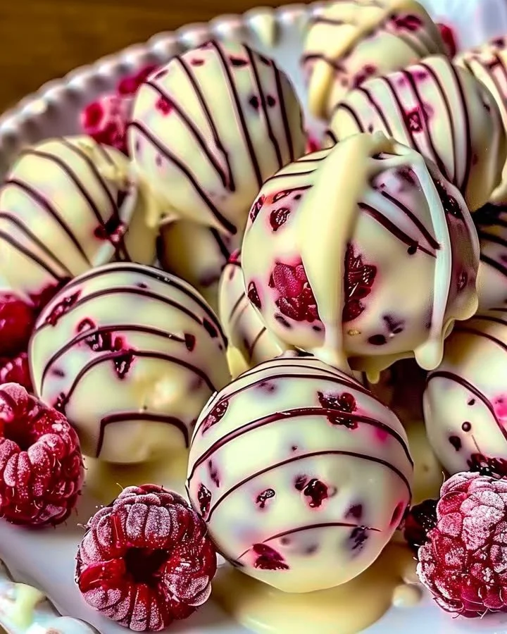 White chocolate raspberry cheesecake balls on a dessert plate