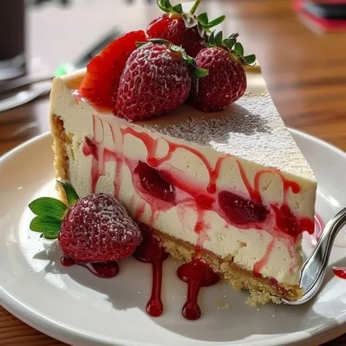 Slice of white chocolate strawberry cheesecake with fresh strawberries on top.