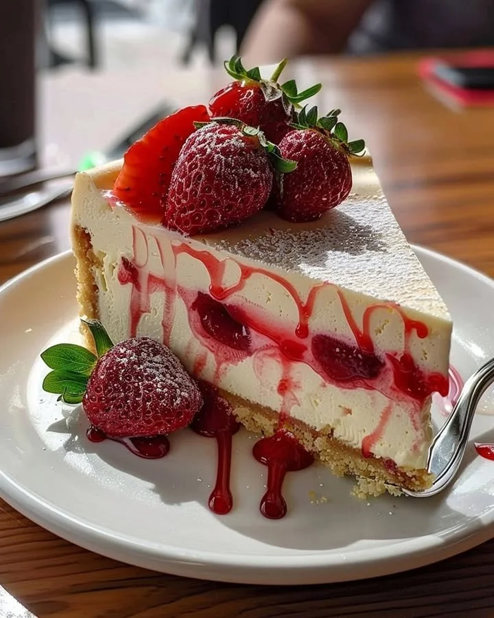 Slice of white chocolate strawberry cheesecake with fresh strawberries on top.