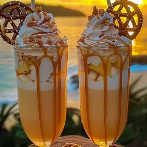 XOXO Caramel Colada cocktail featuring caramel and tropical flavors