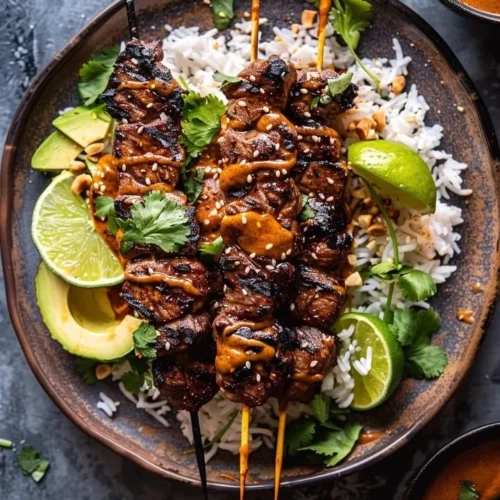 Delicious Thai Peanut Glazed Steak Skewers ready for grilling and serving.