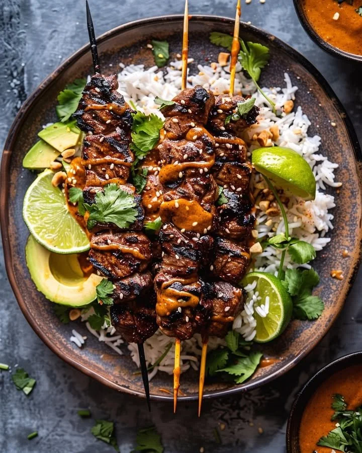 Delicious Thai Peanut Glazed Steak Skewers ready for grilling and serving.