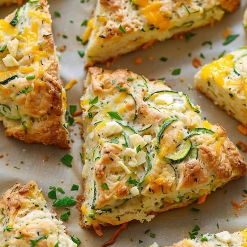 Zucchini cheddar scones baked to perfection, served on a rustic wooden table.