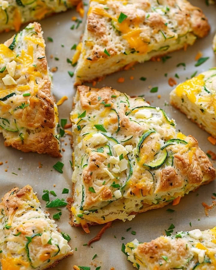 Zucchini cheddar scones baked to perfection, served on a rustic wooden table.